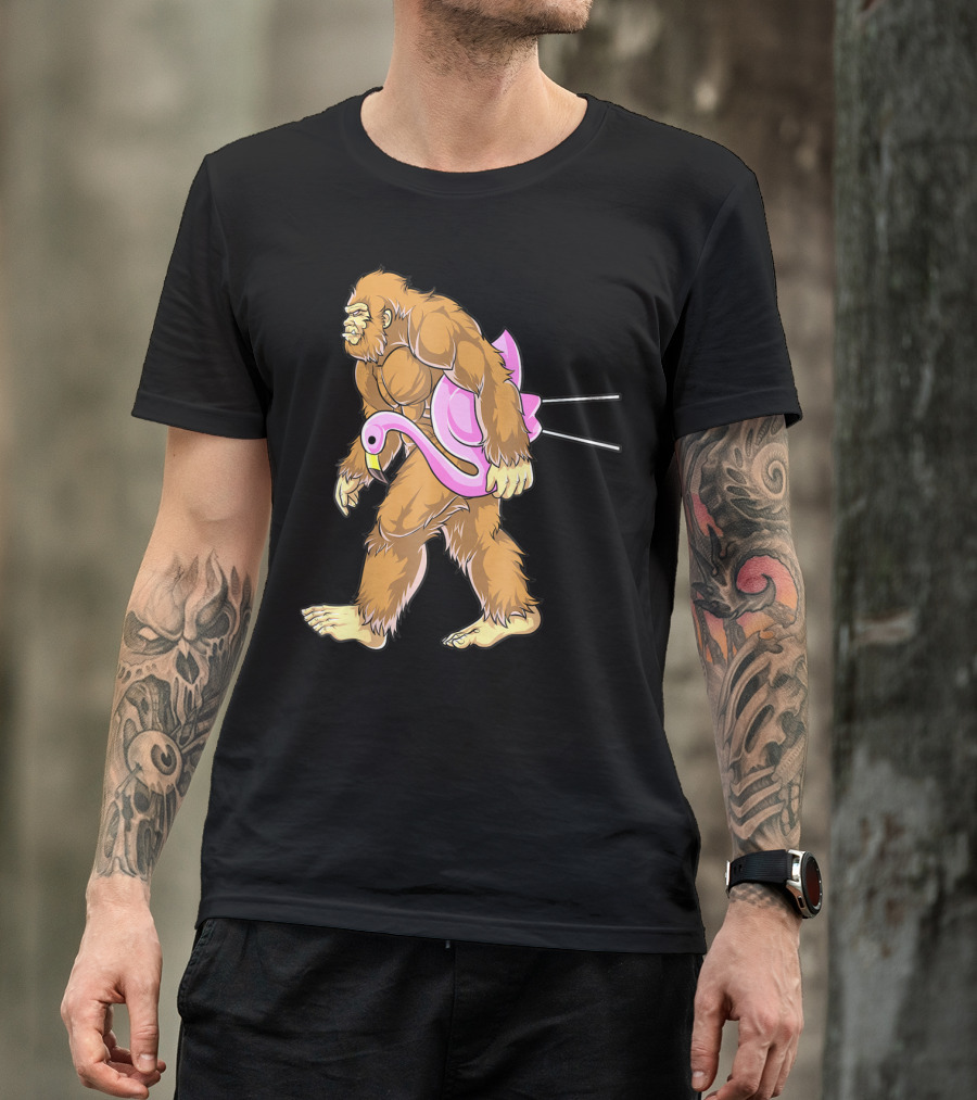 Bigfoot Carrying Pink Lawn Flamingo Humorous Sasquatch Image T-Shirt