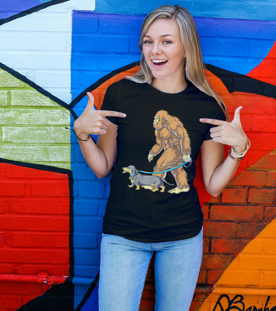 Bigfoot Sasquatch Walking Dachshund Dog T-Shirt