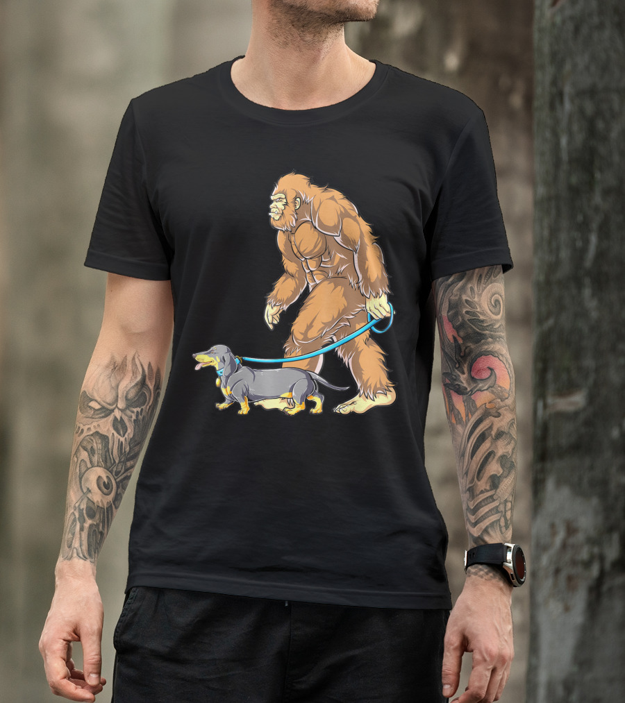 Bigfoot Sasquatch Walking Dachshund Dog T-Shirt
