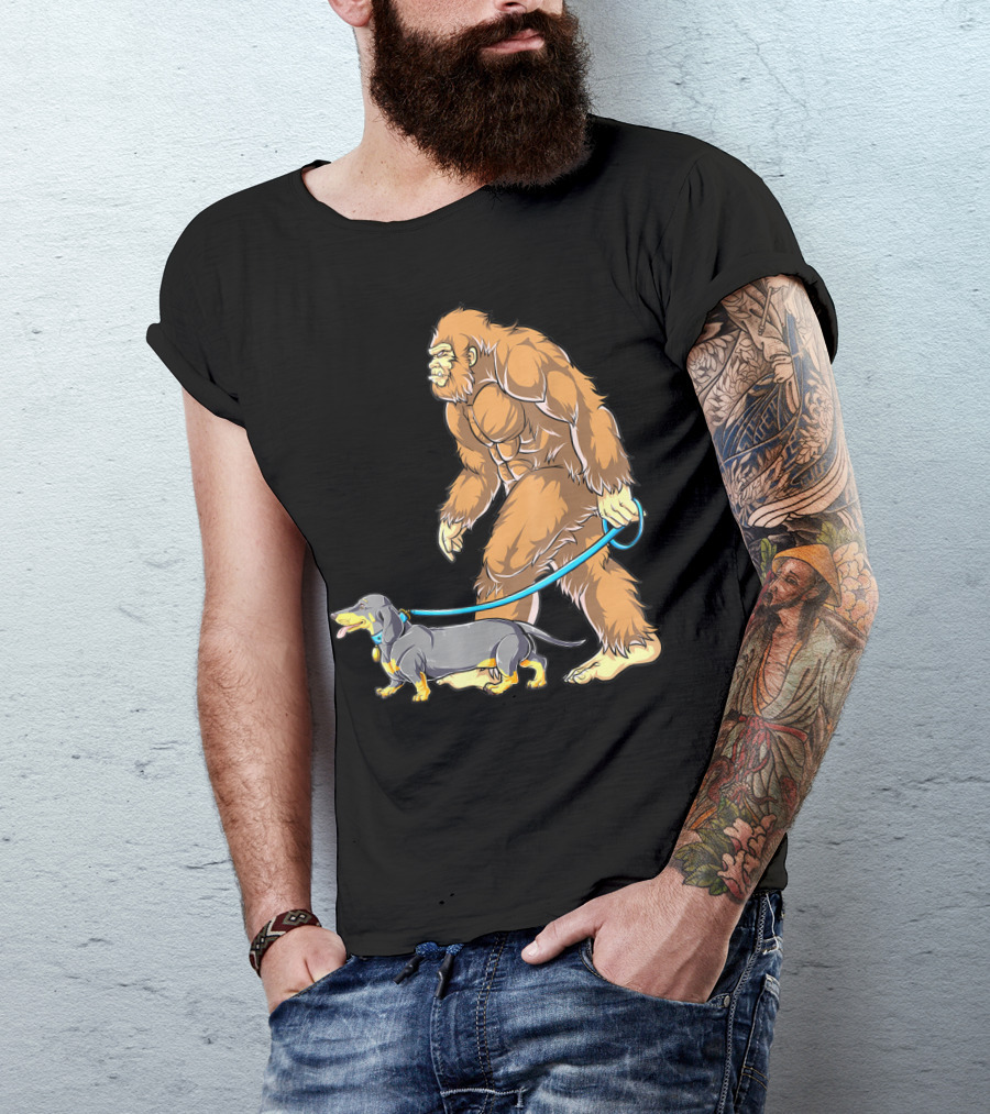 Bigfoot Sasquatch Walking Dachshund Dog T-Shirt