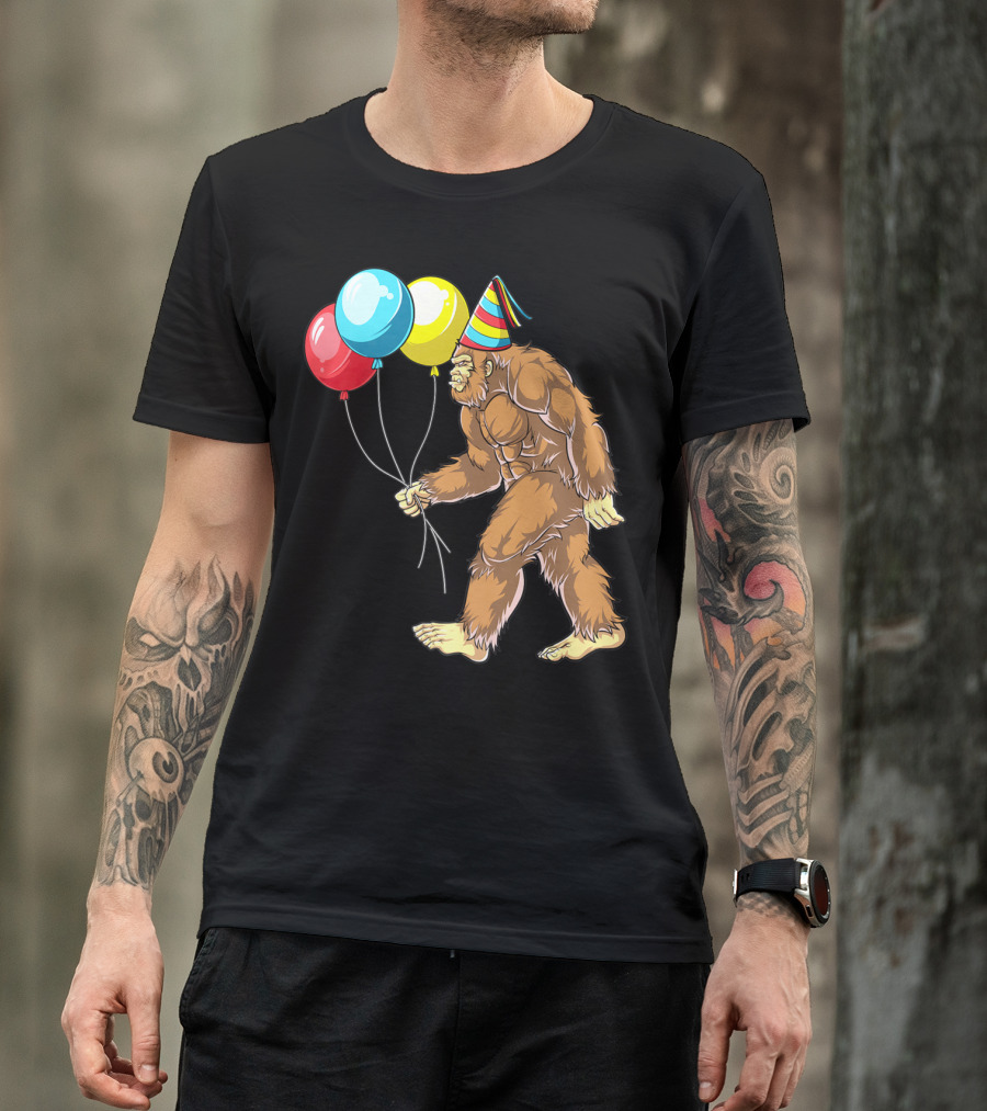 Bigfoot It's My Birthday Kids Boys Sasquatch Party With Balloons And Party Hat T-Shirt