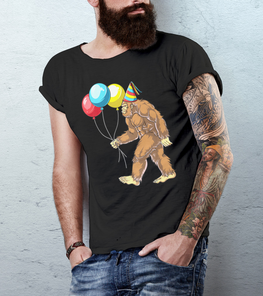 Bigfoot It's My Birthday Kids Boys Sasquatch Party With Balloons And Party Hat T-Shirt
