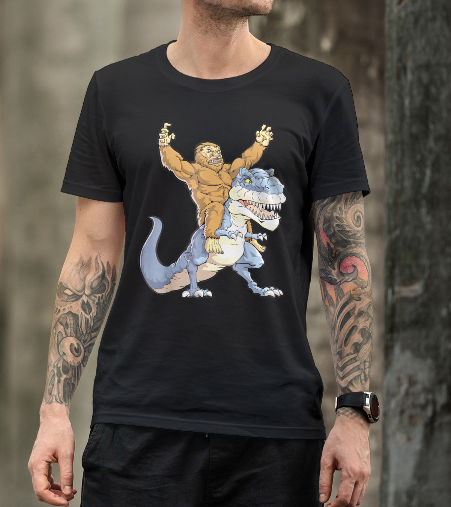 Bigfoot Sasquatch Riding Dinosaur Adventure T-Shirt
