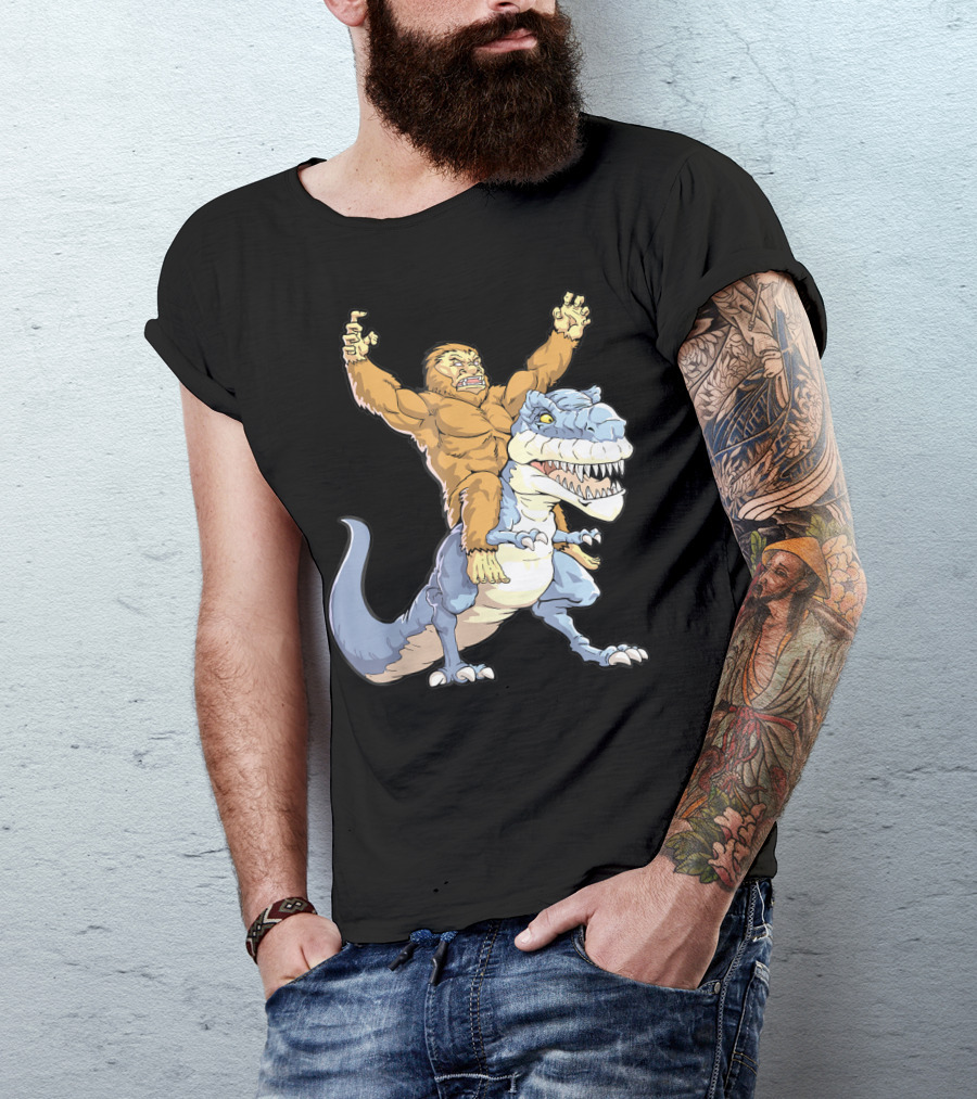Bigfoot Sasquatch Riding Dinosaur Adventure T-Shirt