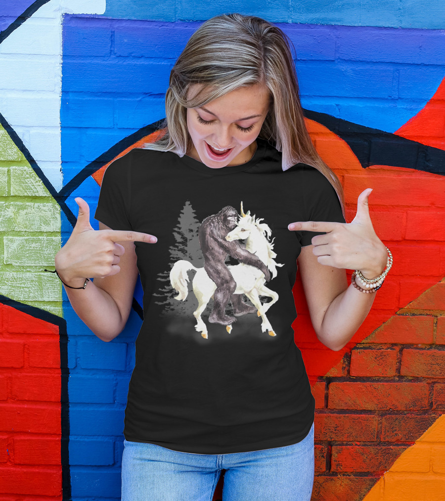 Bigfoot Sasquatch On A Unicorn In Mystical Forest Scene T-Shirt