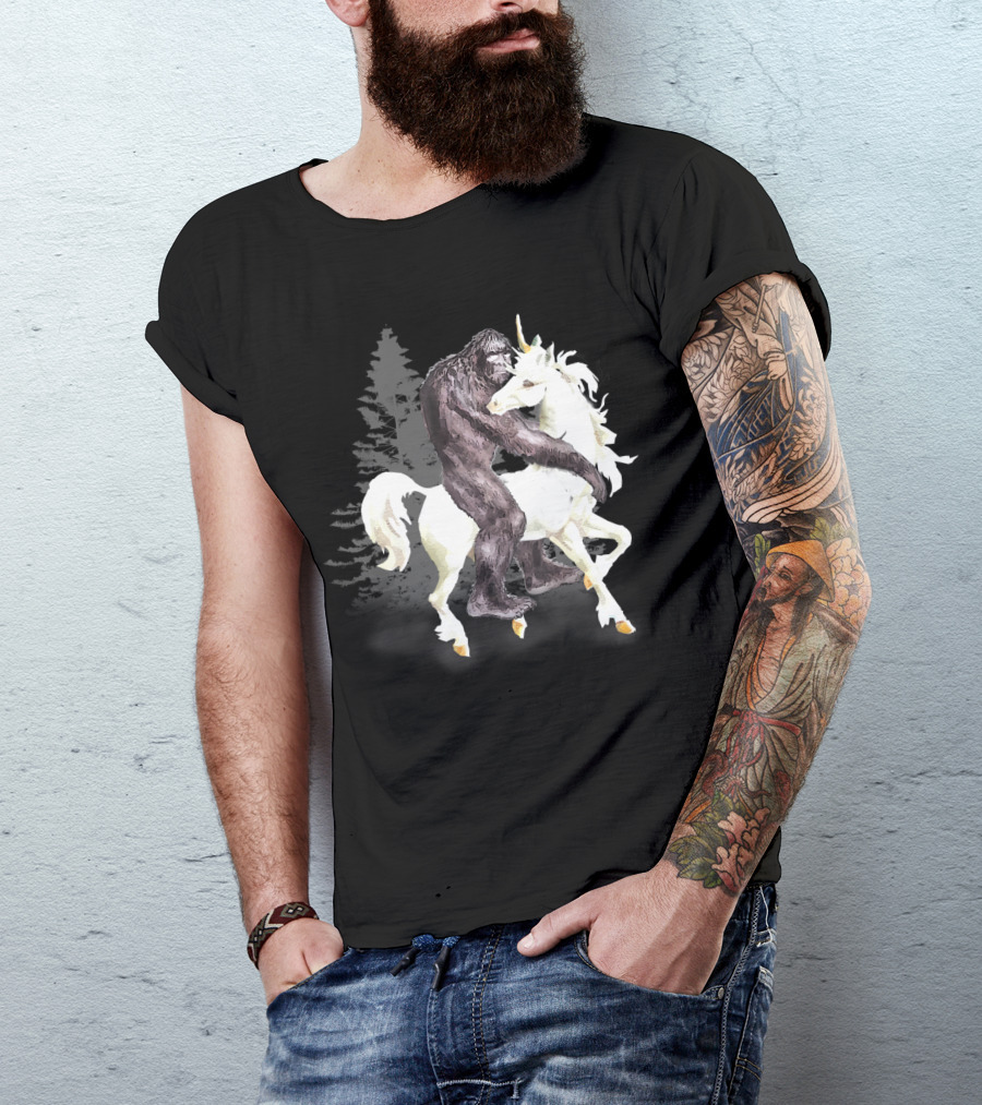 Bigfoot Sasquatch On A Unicorn In Mystical Forest Scene T-Shirt