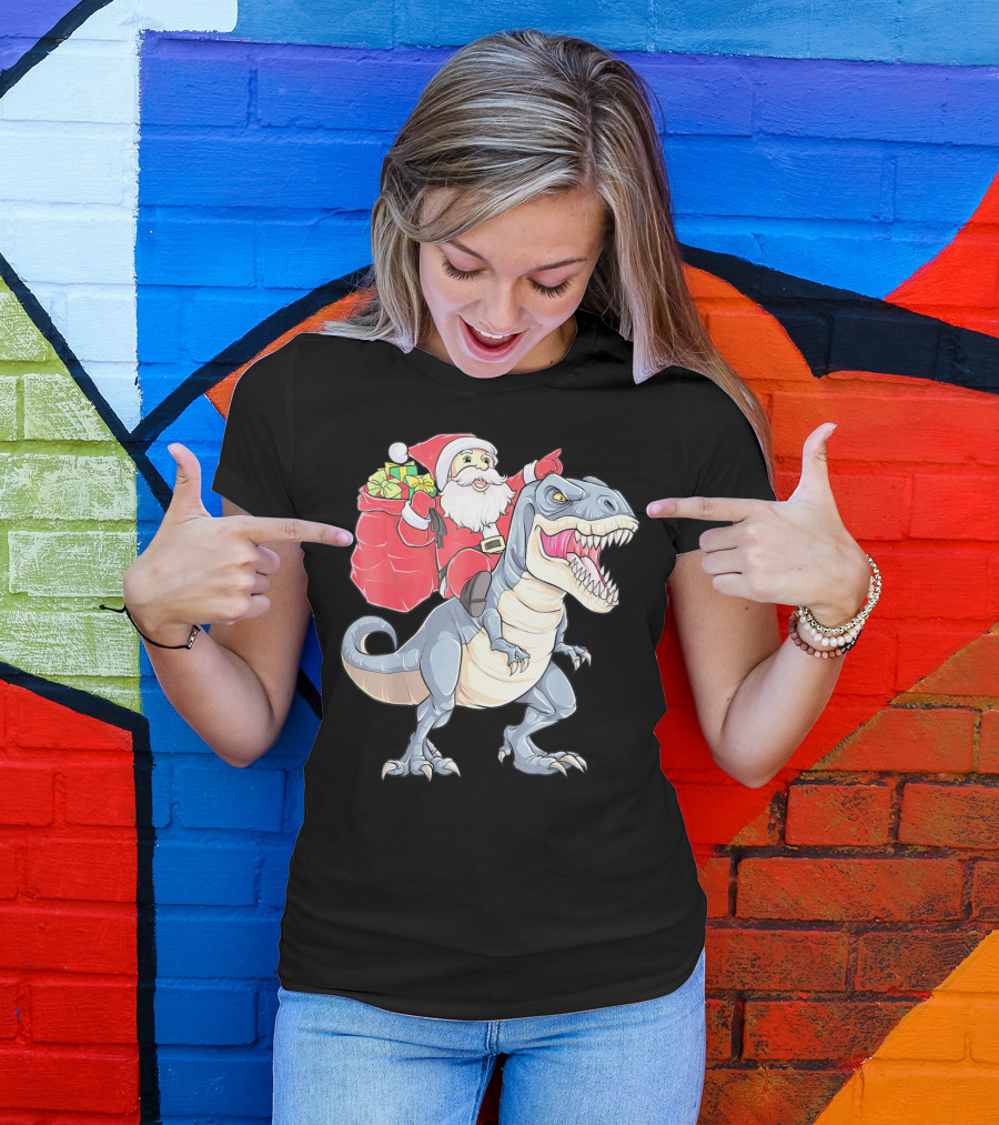 Christmas Santa Riding Dinosaur Rex With Presents T-Shirt