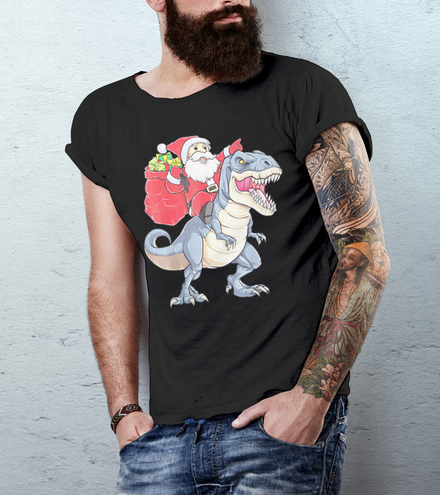 Christmas Santa Riding Dinosaur Rex With Presents T-Shirt