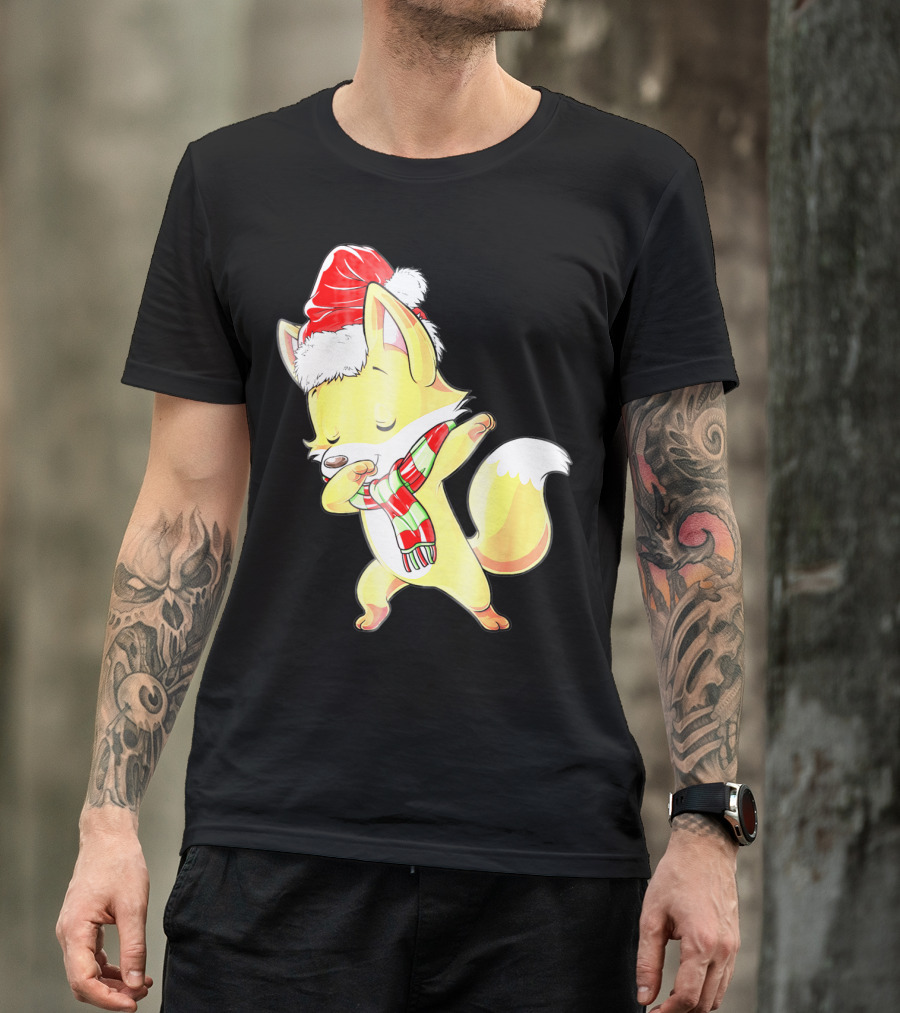 Christmas Fox Dabbing In Santa Hat And Scarf T-Shirt