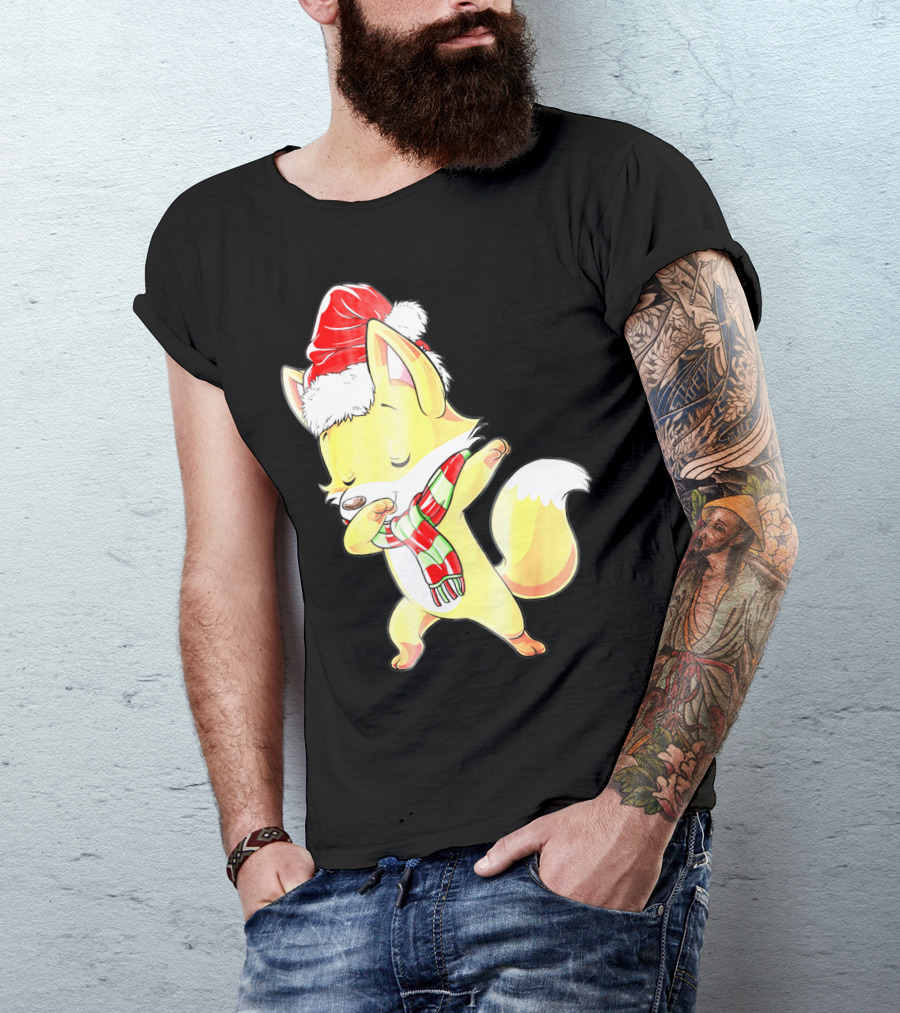 Christmas Fox Dabbing In Santa Hat And Scarf T-Shirt