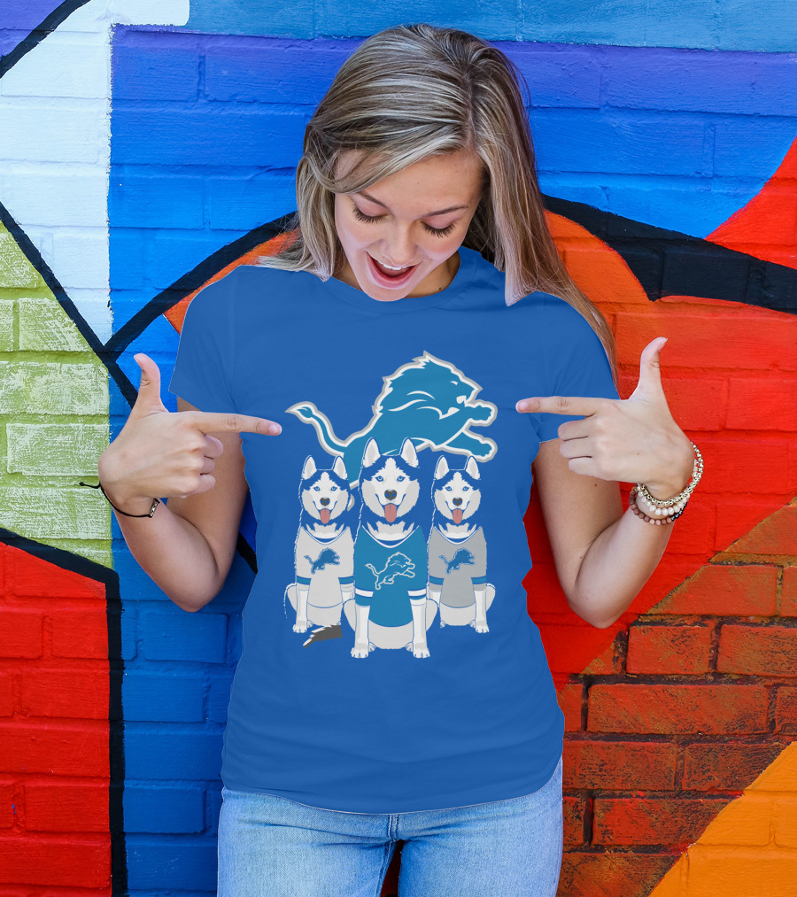 Detroit Lions Husky Trio With Iconic Blue Lion T-Shirt