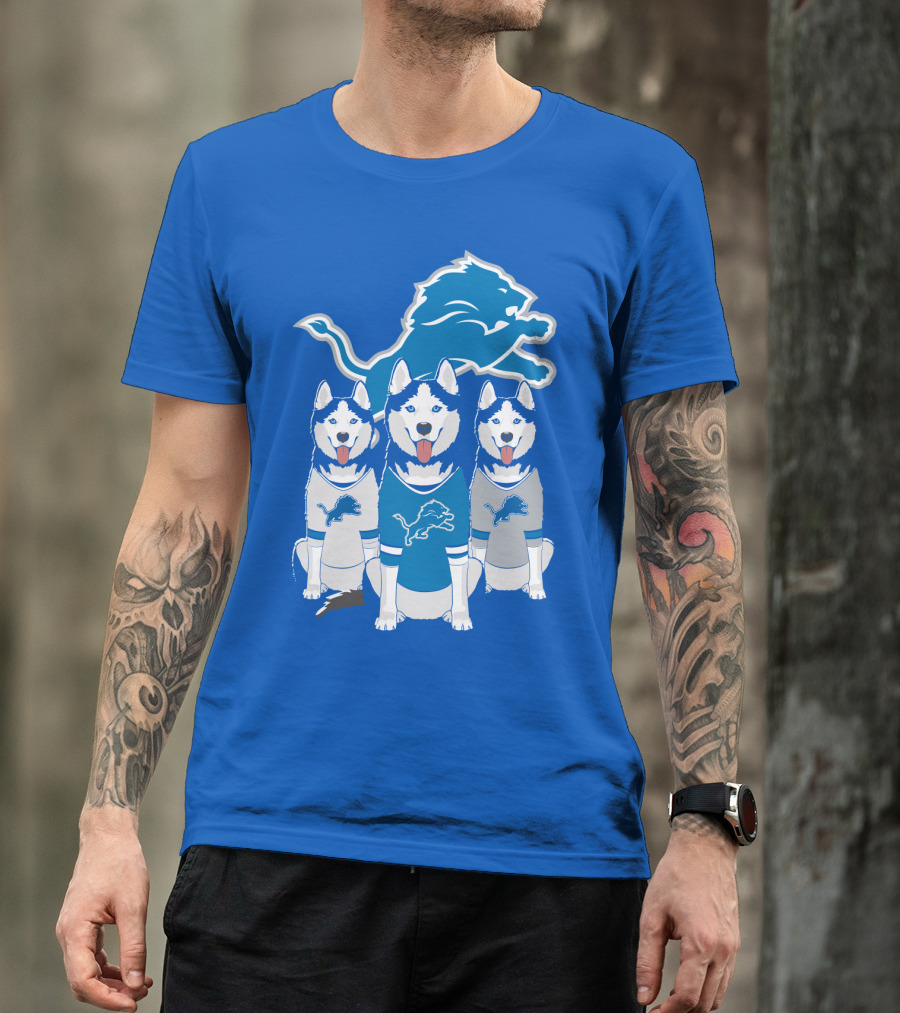 Detroit Lions Husky Trio With Iconic Blue Lion T-Shirt