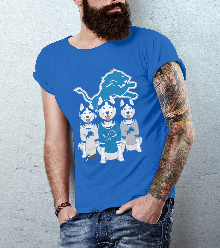 Detroit Lions Husky Trio With Iconic Blue Lion T-Shirt