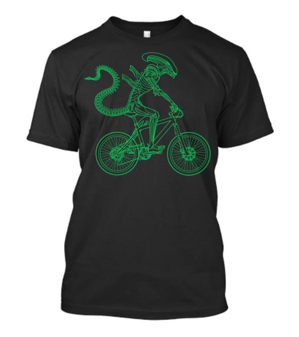 Alien Bicycle Rider Neon Green Xenomorph Outline T-Shirt