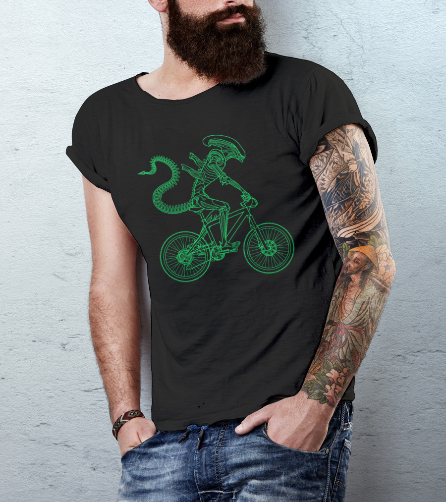 Alien Bicycle Rider Neon Green Xenomorph Outline T-Shirt