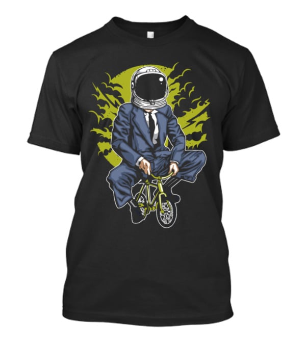 Astronaut In Business Suit Riding Mini Bike With Green Background And Stylized Sky Elements T-Shirt