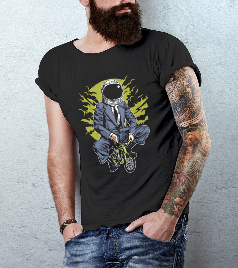 Astronaut In Business Suit Riding Mini Bike With Green Background And Stylized Sky Elements T-Shirt