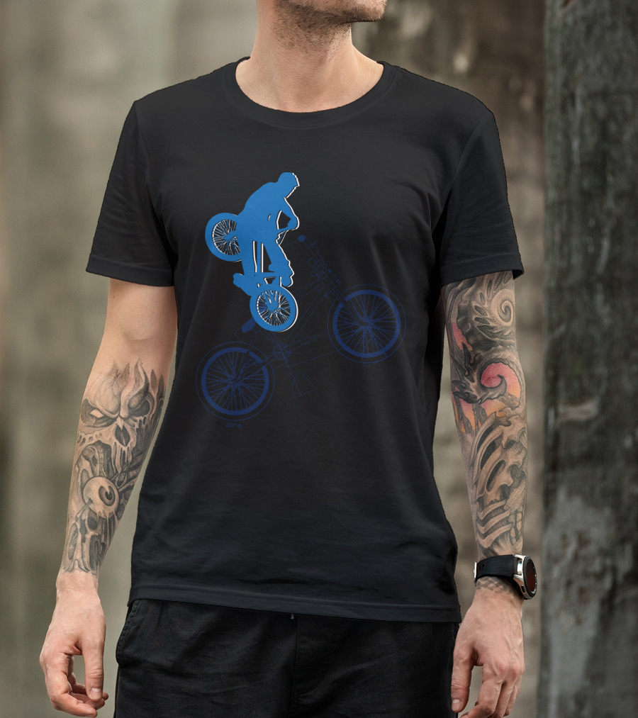 BMX Rider Blue Silhouette With Detailed Bike Blueprint T-Shirt