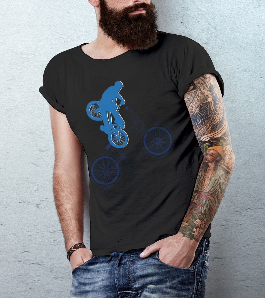 BMX Rider Blue Silhouette With Detailed Bike Blueprint T-Shirt