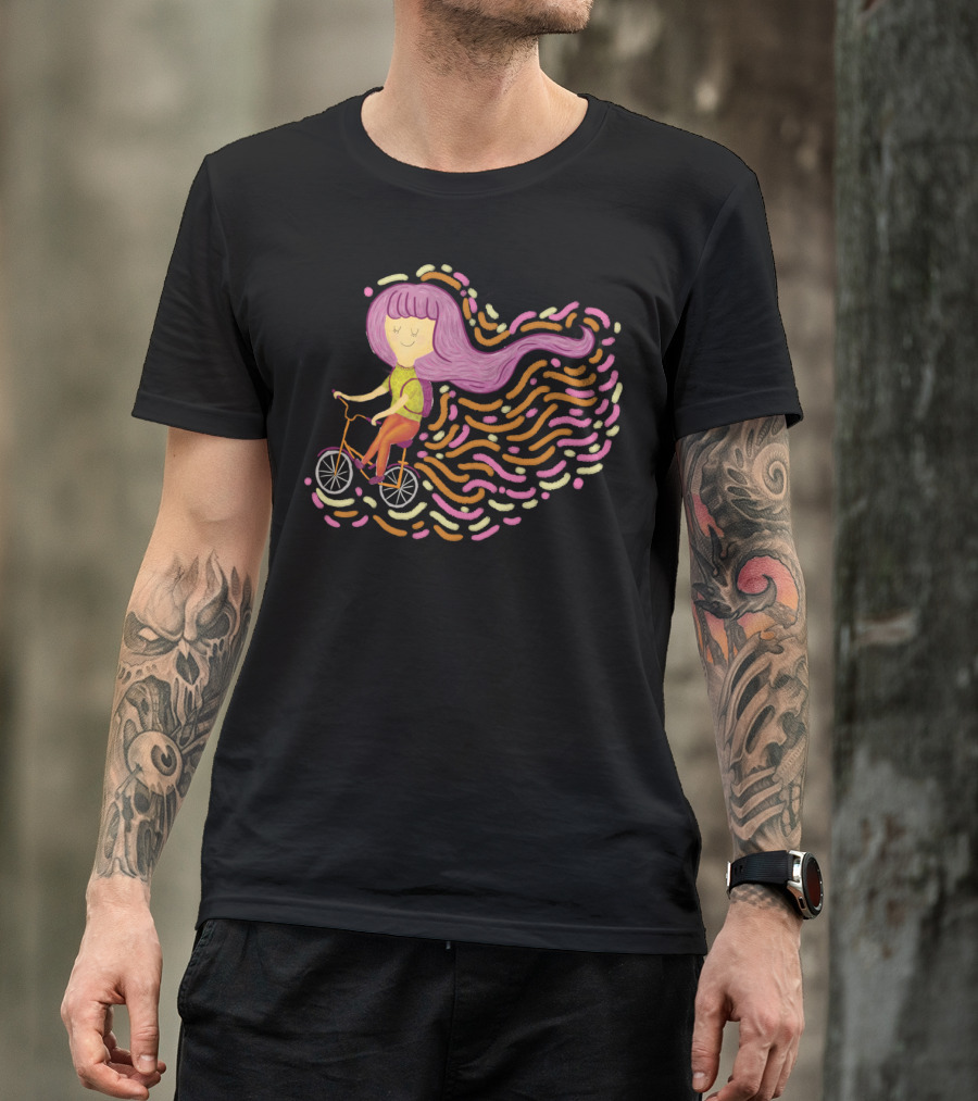 Claire Riding Bicycle With Flowing Pink Hair And Colorful Trails T-Shirt