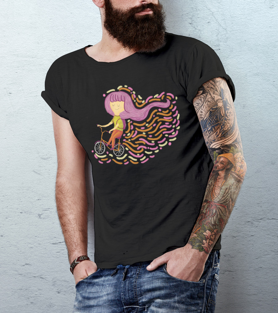 Claire Riding Bicycle With Flowing Pink Hair And Colorful Trails T-Shirt