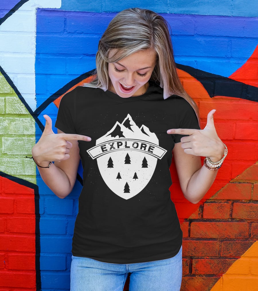Explore The Great Outdoors Mountains Trees Badge T-Shirt