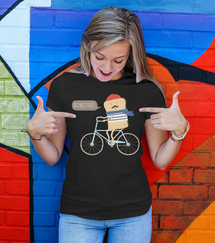BONJOUR French Toast On Bicycle With Beret And Mustache T-Shirt