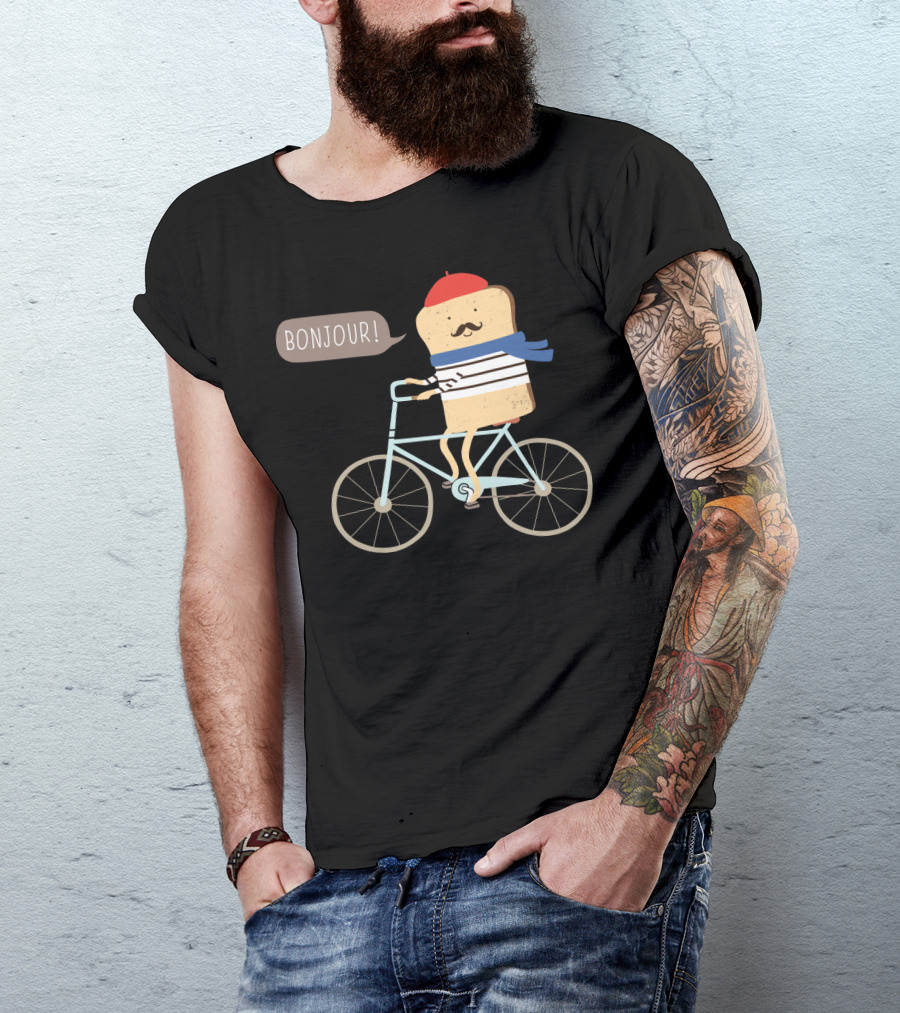 BONJOUR French Toast On Bicycle With Beret And Mustache T-Shirt