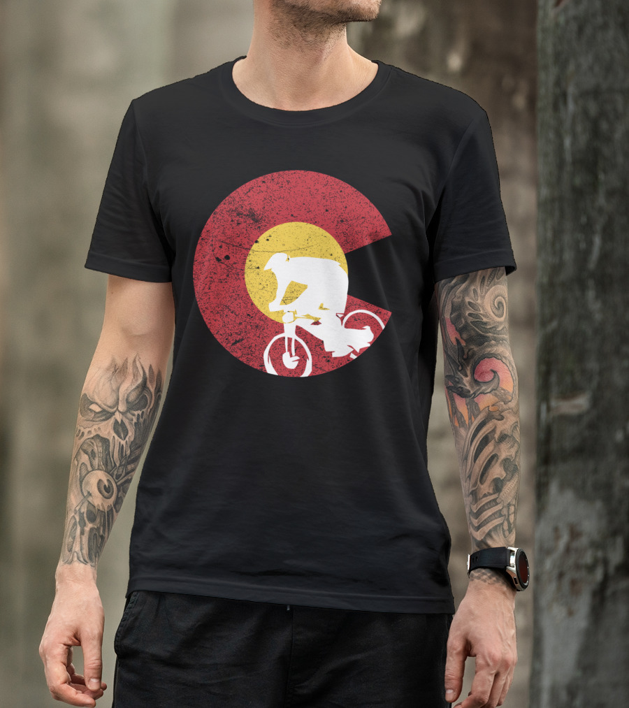 Colorado Mountain Biking Silhouette With State Flag T-Shirt