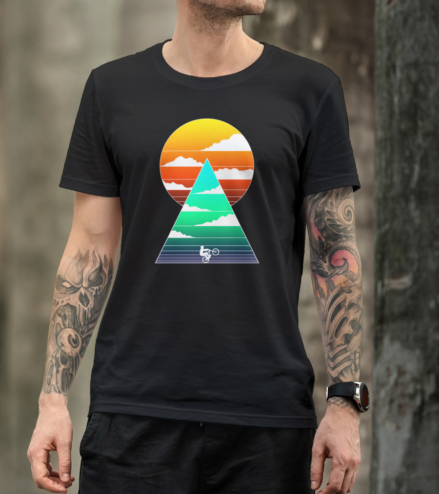 Sunset Mountain Biking Adventure In Geometric T-Shirt