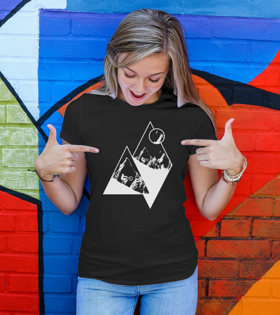 MTB Cyclist On White Mountain Peaks With Moon In Geometric T-Shirt