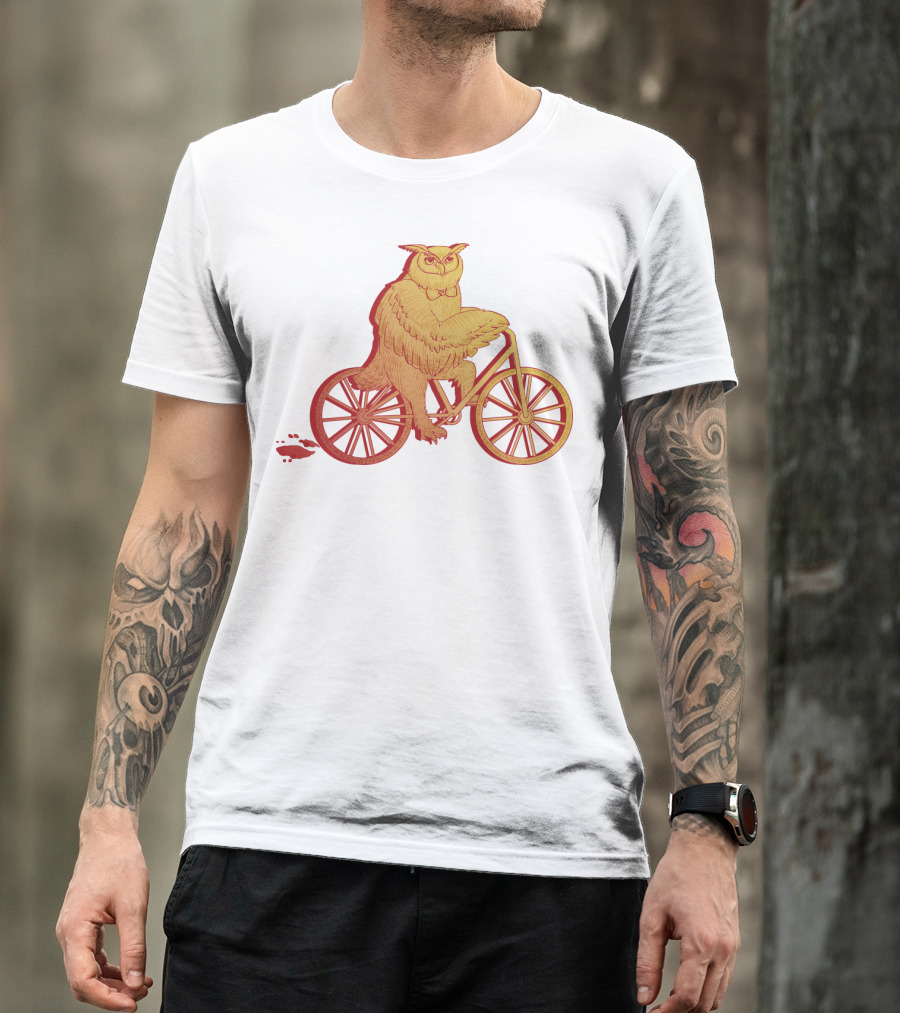 Owl Riding Bicycle With Orange Wheels T-Shirt