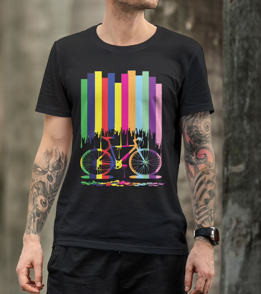 Rainbow Bicycle Dripping Paint Stripes T-Shirt
