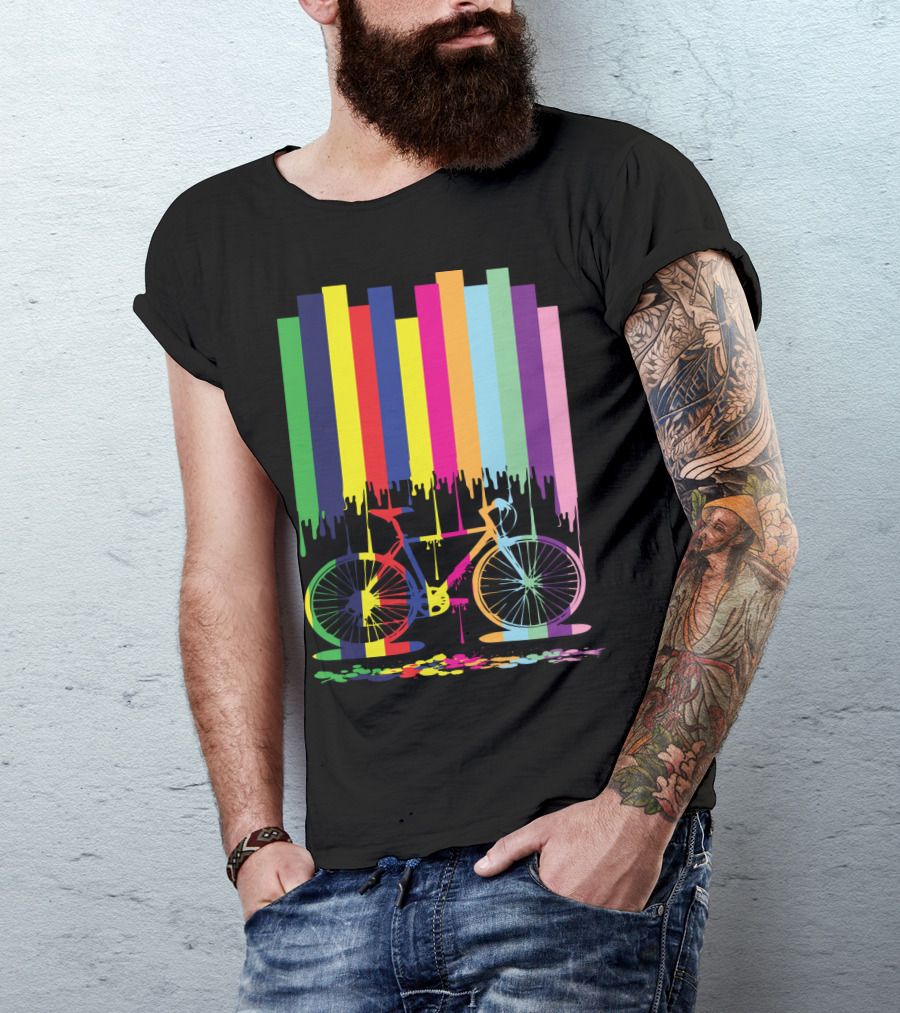 Rainbow Bicycle Dripping Paint Stripes T-Shirt