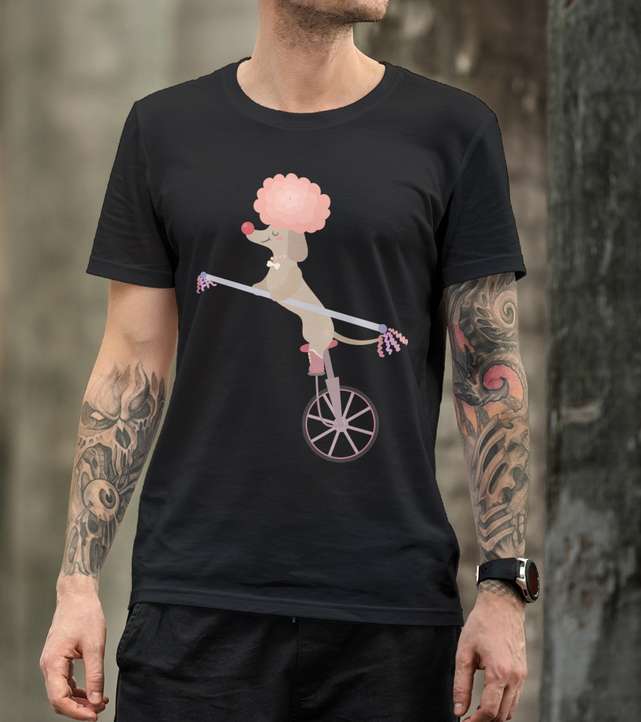 Unicycle Dog With Clown Wig And Red Nose Balancing On Wheel T-Shirt