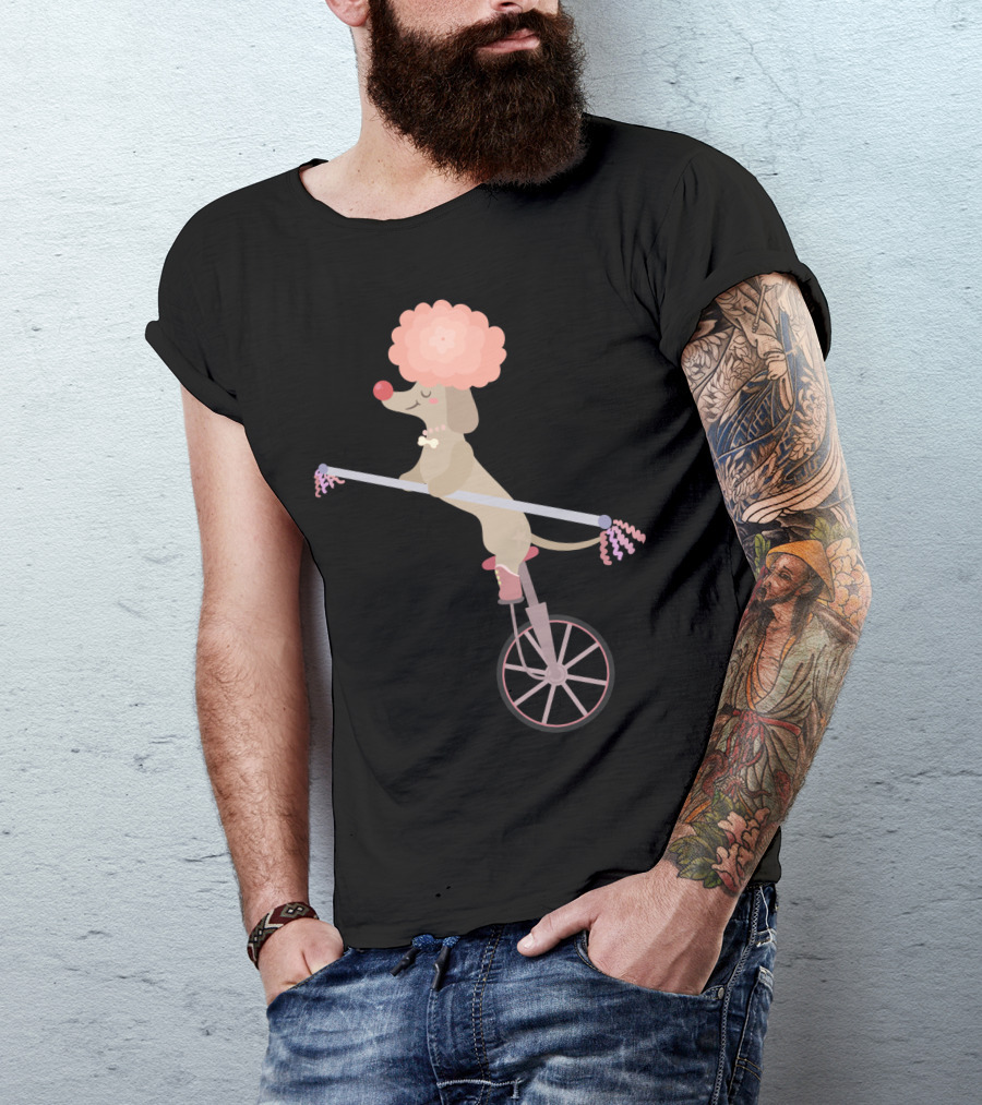 Unicycle Dog With Clown Wig And Red Nose Balancing On Wheel T-Shirt