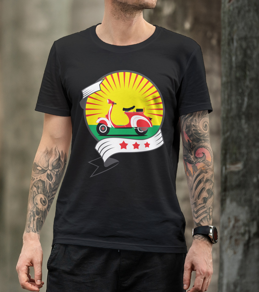 Vintage Red Scooter Sunburst Three Star Emblem T-Shirt