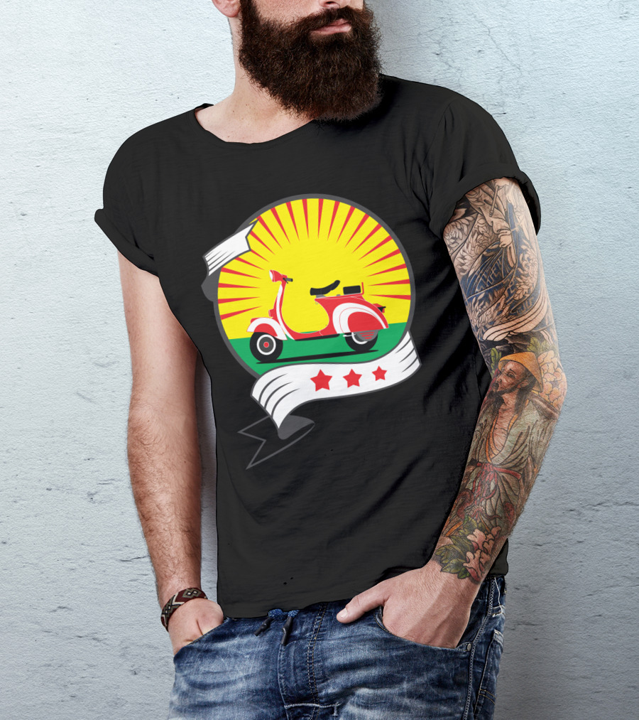 Vintage Red Scooter Sunburst Three Star Emblem T-Shirt