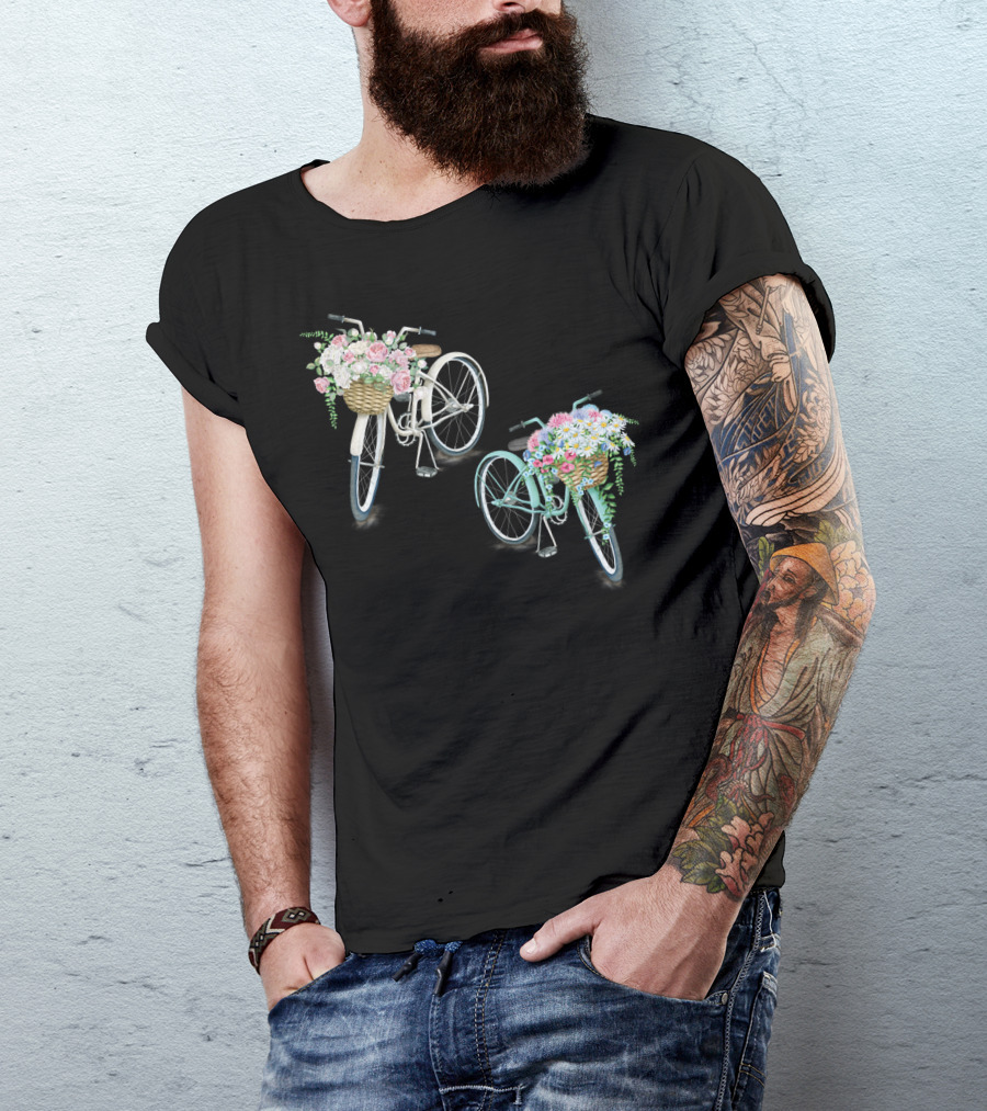 Vintage Bicycles With Flower Baskets Roses And Daisies T-Shirt