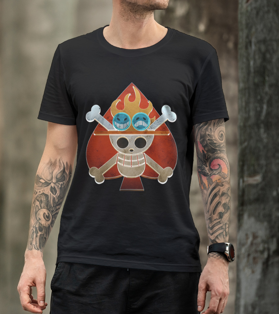 Ace One Piece Spade Pirates Jolly Roger Flame Hat T-Shirt