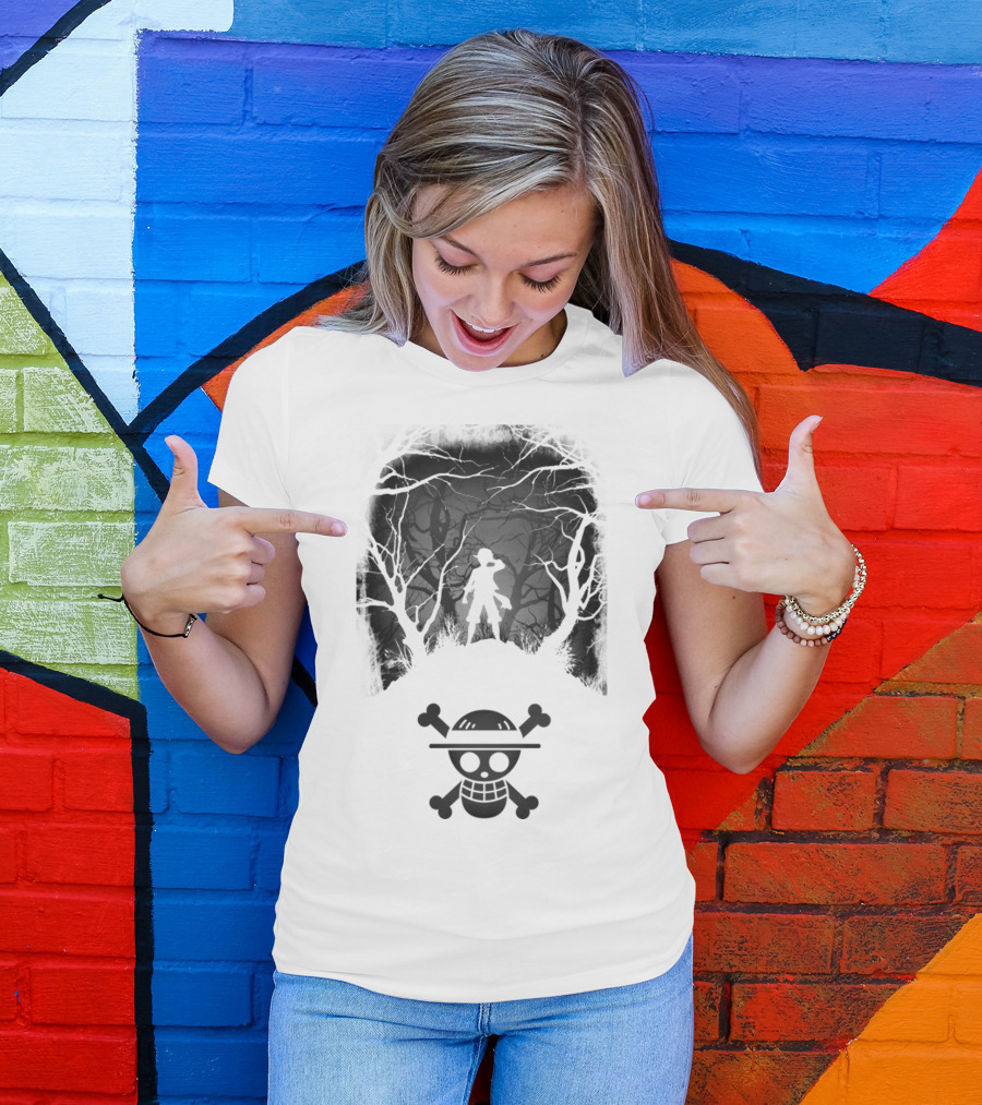Luffy Silhouette In The Woods With Straw Hat Pirate Skull T-Shirt