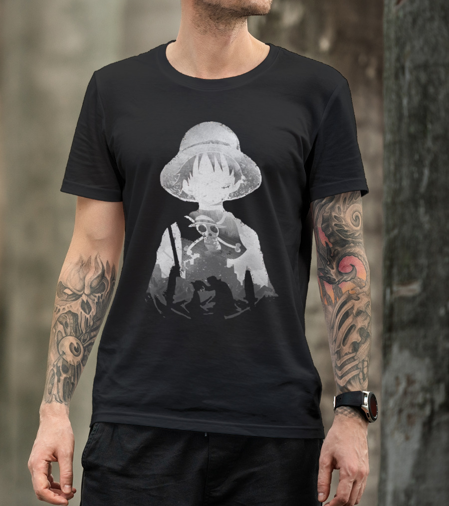 Monochrome Luffy Skull Silhouette Straw Hat Pirate T-Shirt