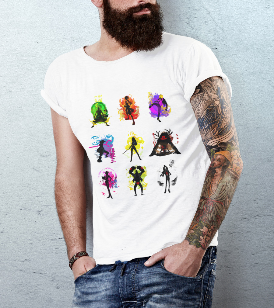 Anime Pirates Straw Hat Crew Silhouettes Japanese Text Colors T-Shirt