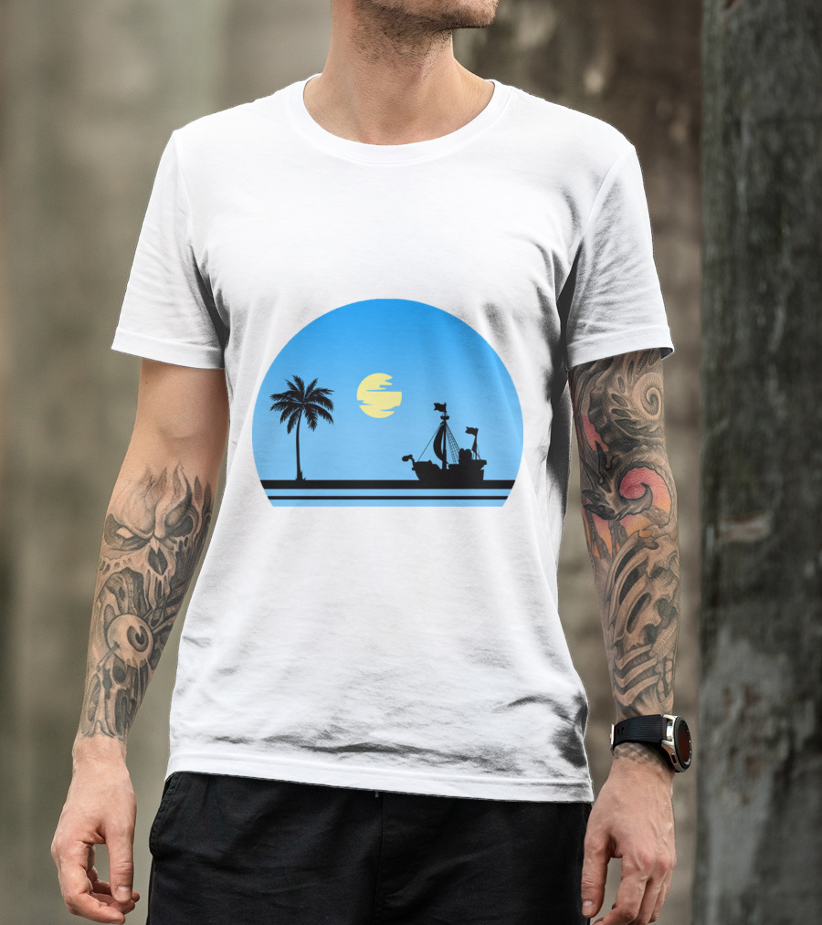 Going Merry Ship Silhouette Sunrise With Palm Tree And Sun T-Shirt