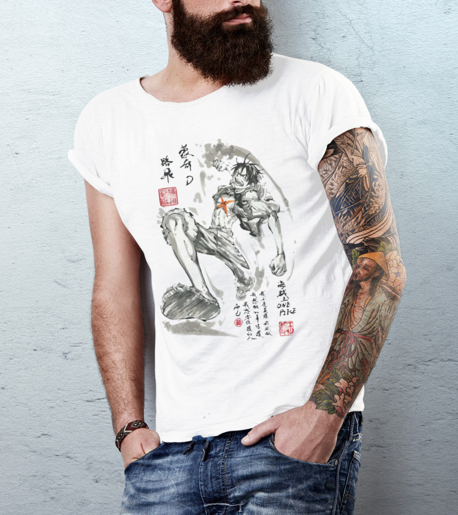 Monkey D. Luffy Watercolor Brushstroke One Piece Art Kanji T-Shirt