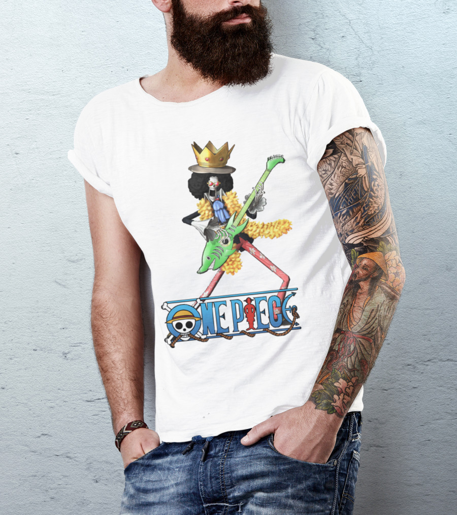 One Piece Brook Playing Guitar With Crown And Yellow Feather Boa T-Shirt