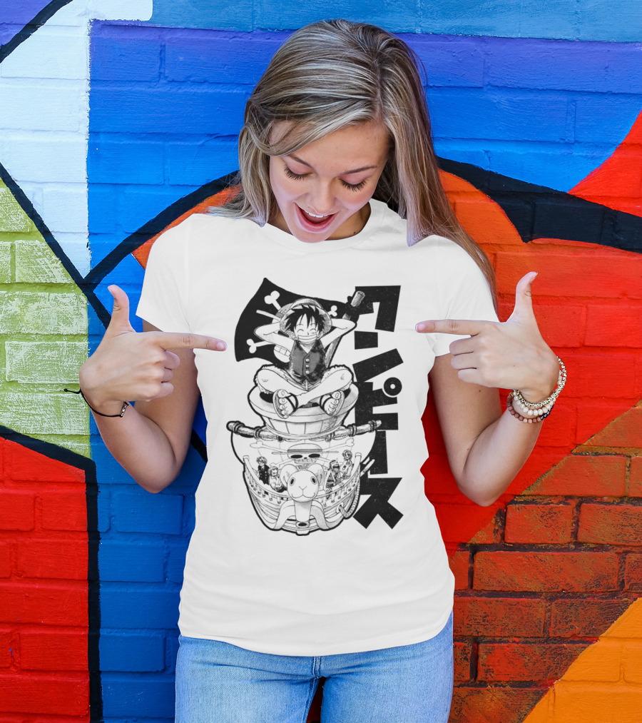 Luffy On Going Merry With Straw Hat Pirates Crew And Jolly Roger Flag T-Shirt