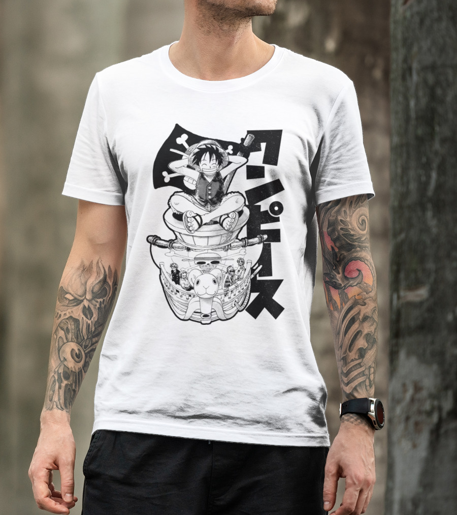Luffy On Going Merry With Straw Hat Pirates Crew And Jolly Roger Flag T-Shirt