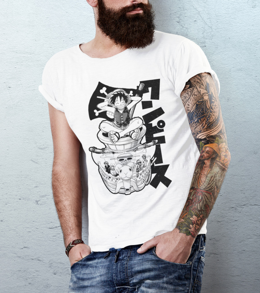 Luffy On Going Merry With Straw Hat Pirates Crew And Jolly Roger Flag T-Shirt