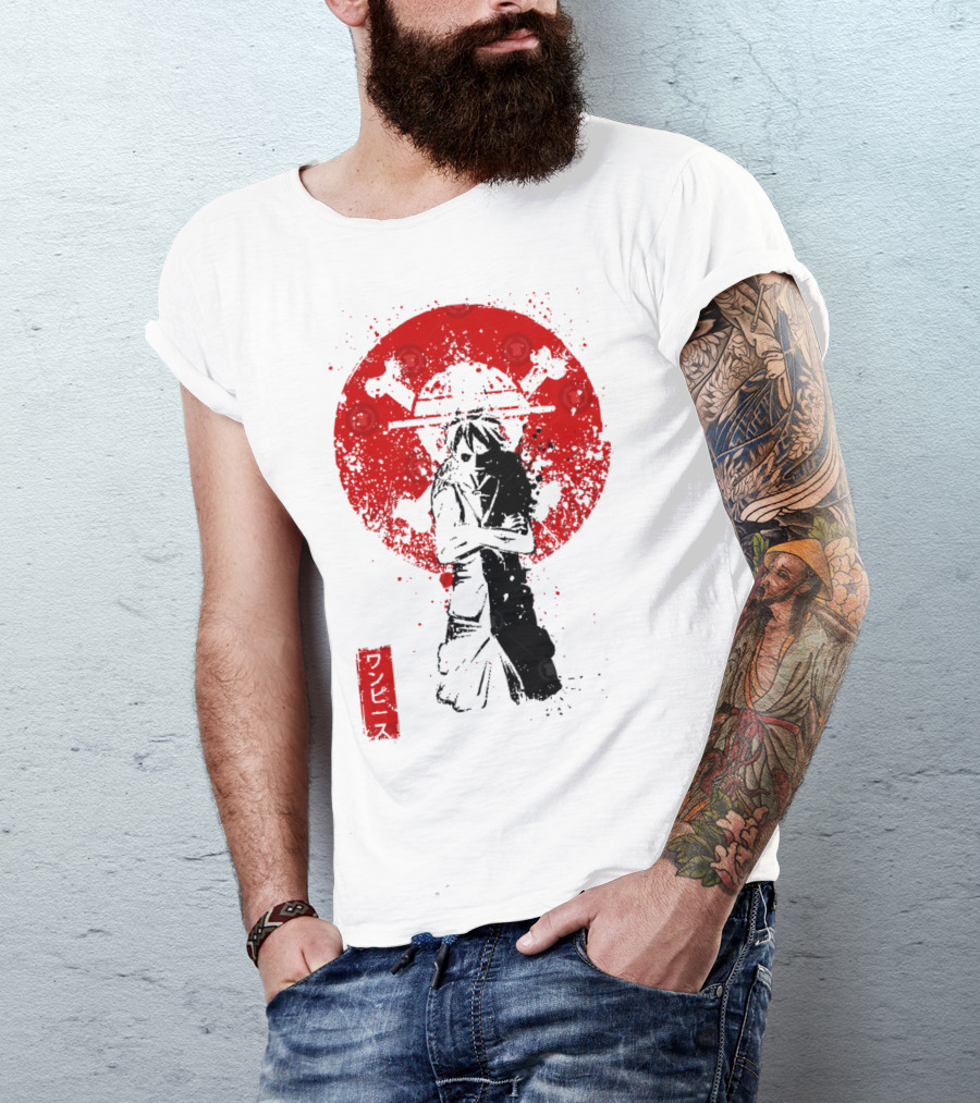 One Piece Pirate's King Splat­ter Japanese Text And Crossbones Red Circle T-Shirt